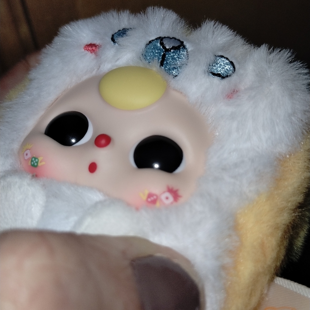 RARE Mahjong Baby Three With Mahjong Cheeks Plush Toy with White and Yellow Fur